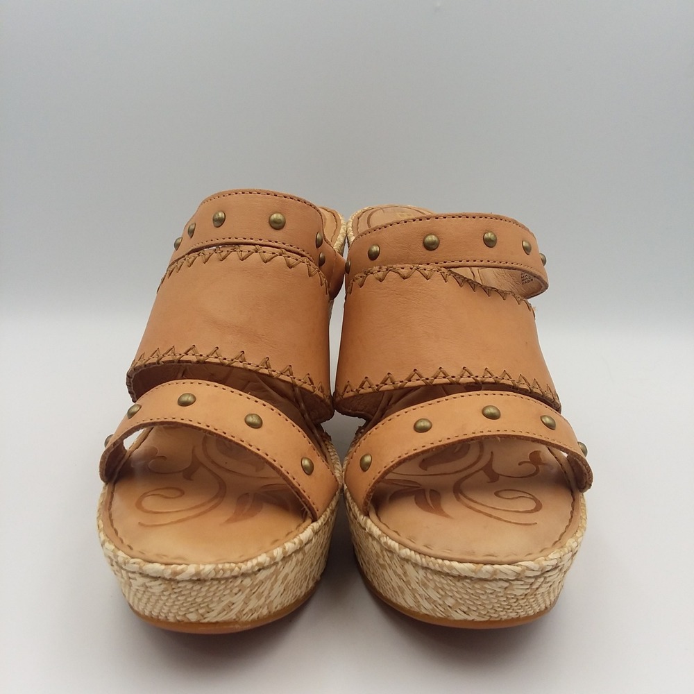 Born Borini Tan Leather Raffia Wedge Sandals Studded Straps Women's 9M Boho - Picture 8 of 16